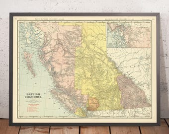 Puede incluir: Mapa vintage de Columbia Británica, Canadá, del Atlas Indexado Rand McNally. El mapa muestra los límites de la provincia, las principales ciudades y las rutas de transporte. El mapa está impreso en tonos de amarillo, verde y rosa.