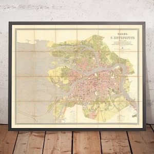 Old Map of Saint Petersburg, Russia by Ilyin, 1887: Admiralty, St. Isaac's, Winter Palace, Neva River, Obvodny Canal