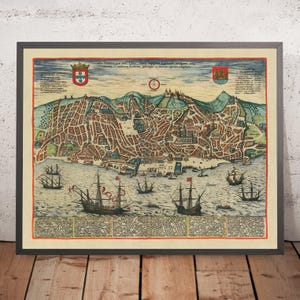 Old Birdseye Map of Lisbon by Braun, 1596: Castelo de São Jorge, Catedral Se, Baixa, Bairro Alto, Tagus River
