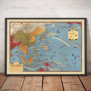 Old World War 2 Map of the Pacific and Tokyo in 1942 by Stanley Turner - "Dated Events" Invasion of Japan and the Far East