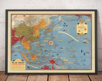 Carte du Pacifique et de Tokyo datant de la Seconde Guerre mondiale, par Stanley Turner en 1942 - Invasion du Japon et de l'Extrême-Orient