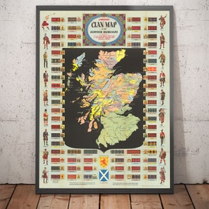 Ancienne carte des clans et des tartans d'Écosse - Highlands de Johnston, carte des armoiries des basses terres - Frasers, Campbell - encadrée, non encadrée