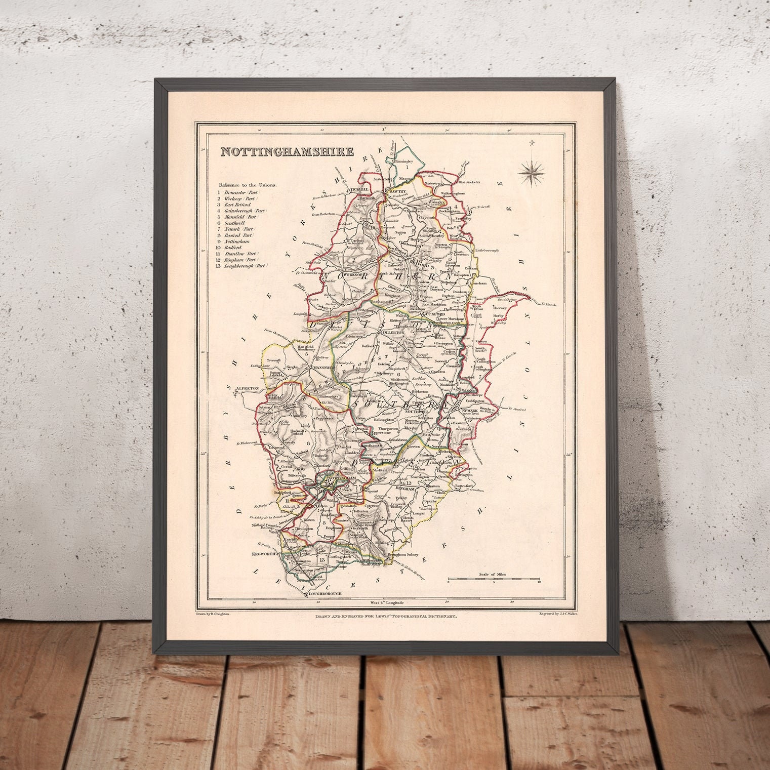 Old Map of Nottinghamshire by Samuel Lewis, 1844: Nottingham, Mansfield, Worksop, Newark, Retford