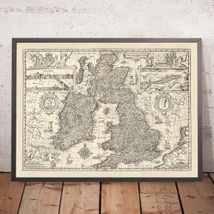 Old Map of Great Britain and Ireland by Speed, 1676: London, Edinburgh, Dublin, Orkneys, Sea Monsters