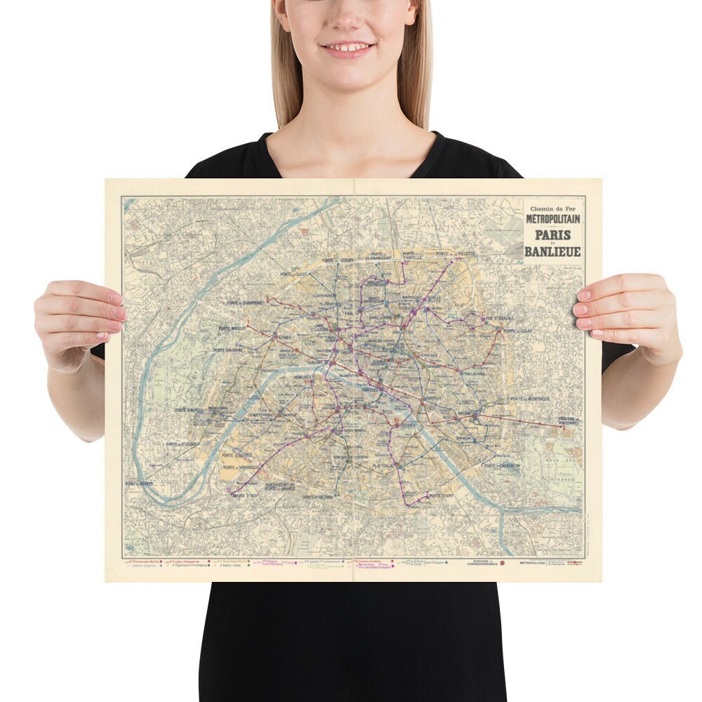 Old Map of Paris Métro Subway, 1934 by Gaillac-monrocq - 13 Lines