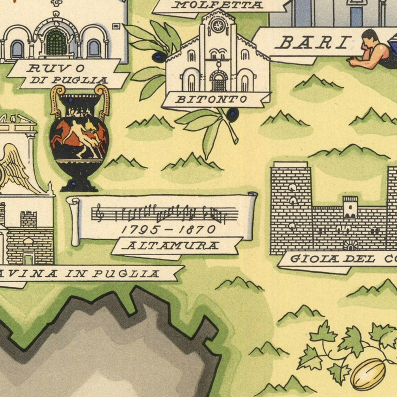 Old Pictorial Map of Apulia by De Agostini, 1938: Bari, Brindisi ...