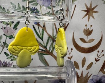 Handmade Mustard Yellow Mushrooms Polymer Clay Dangle Earrings I unique, fantasy, fairy core, witchy, aesthetic, gifts, for her, cute
