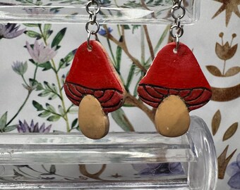 Handmade Red Top Mushrooms Polymer Clay Dangle Earrings I unique, fantasy, fairy core, witchy, aesthetic, gifts, for her, cute