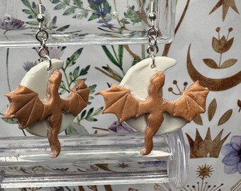 Handmade Gold Dragons with White Moons Polymer Clay Dangle Earrings I unique, fantasy, fairy core, witchy, aesthetic, gifts, for her, books