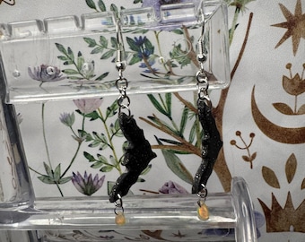 Handmade Simple Bat and Opal Polymer Clay Dangle Earrings I unique, fantasy, fairy core, witchy, aesthetic, gifts, for her, fantasy, cute
