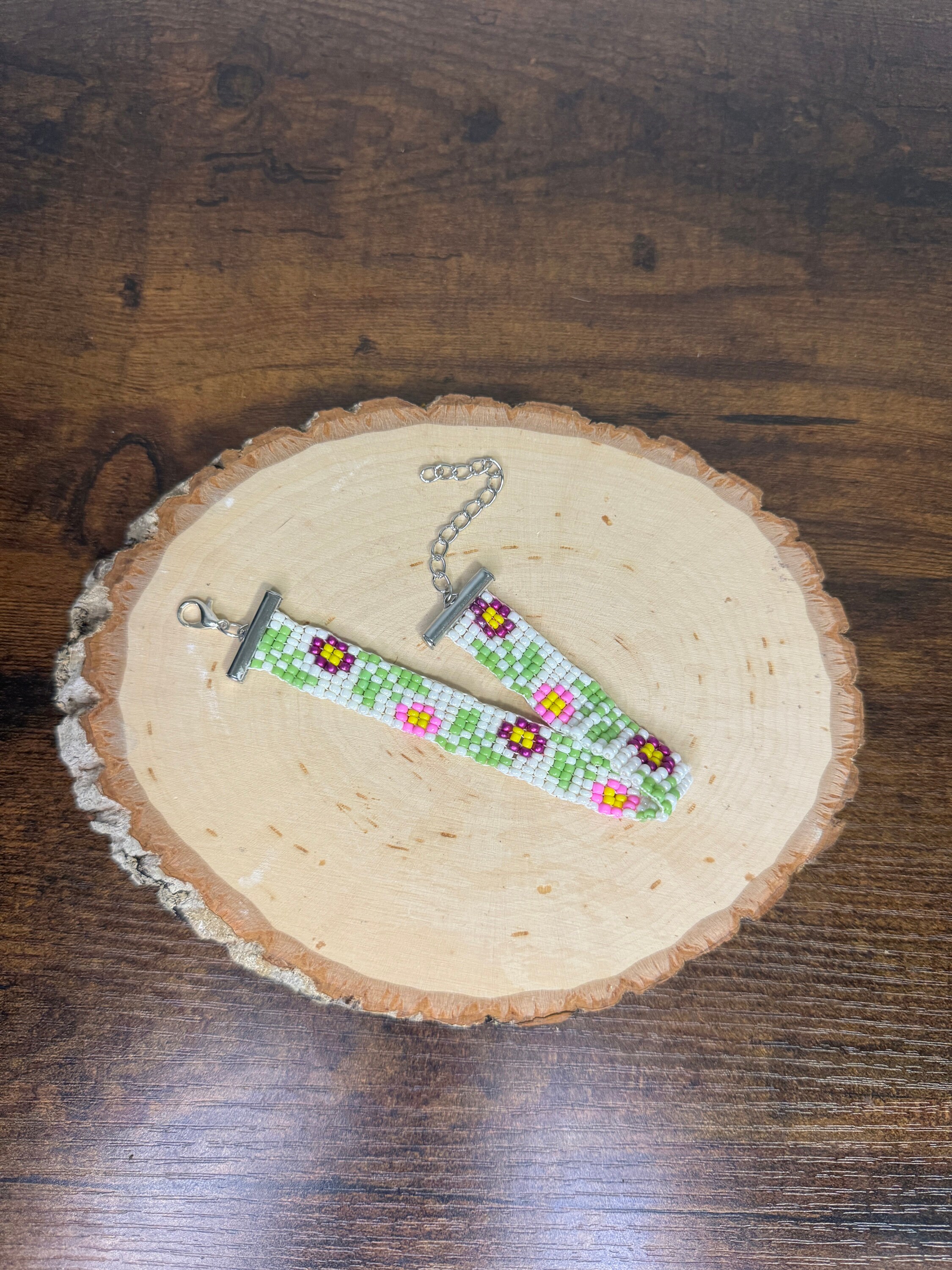 Handmade White Flower Pattern Seed Bead Bracelet | bead loom, bead weaving, woven bracelets, floral, floral pattern, handmade, one-of-a-kind