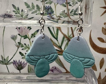 Handmade Purple and Blue Mushrooms Polymer Clay Dangle Earrings I unique, fantasy, fairy core, witchy, aesthetic, gifts, for her, cute