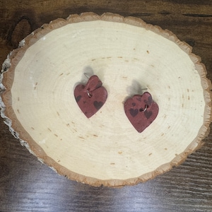 Two Piece Shimmery Red Hearts with Black Heart Pattern Handmade Polymer Clay Earrings | handmade, clay, earrings, jewellery, hearts, gifts