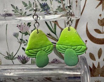 Handmade Green Mushrooms Polymer Clay Dangle Earrings I unique, fantasy, fairy core, witchy, aesthetic, gifts, for her, cute