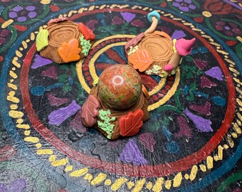 Handmade Polymer Clay Tree Stump Sphere Holder with Shimmery Leaves, Whimsical Fairycore Decor