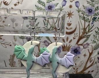Handmade Polymer Clay Dragon Moon Earrings, Fantasy Bookish Jewelry