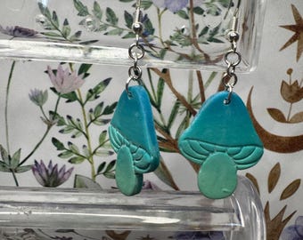 Handmade Blue and Teal Mushrooms Polymer Clay Dangle Earrings I unique, fantasy, fairy core, witchy, aesthetic, gifts, for her, cute