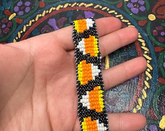 Handmade Beaded Candy Corn Bracelet I unique, one of a kind, adjustable, seed bead bracelet, fall, candy, Halloween, cute, seasonal