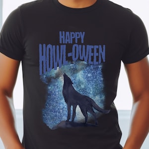 Happy Howl-oween with Wolf Howl Howling at the Moon Seasonal Tshirt
