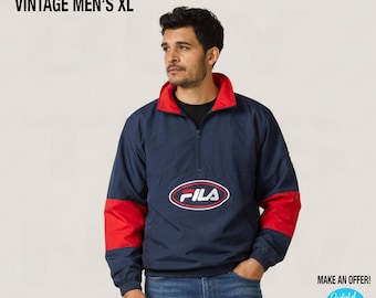 Vintage FILA Windbreaker Jacket men's XL Dark Blue Red logo VTG 1990s streetwear