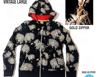 vintage AVIREX Hoodie Sweatshirt Indian Chief Skull All Over Print Black Gold