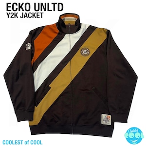 May include: A black, brown, white, and orange zippered jacket with a diagonal stripe pattern. The jacket has a logo on the left chest and the text "ECKO UNLTD" on the front. The text "Y2K JACKET" is printed above the logo. The jacket has a zippered pocket on the left side.