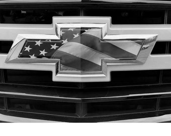 Fits Chevy Silverado Truck Bowtie Emblem Decal - American Flag Overlay Decal - Black and White Bowtie Sticker - USA Bowtie Sticker - B&W