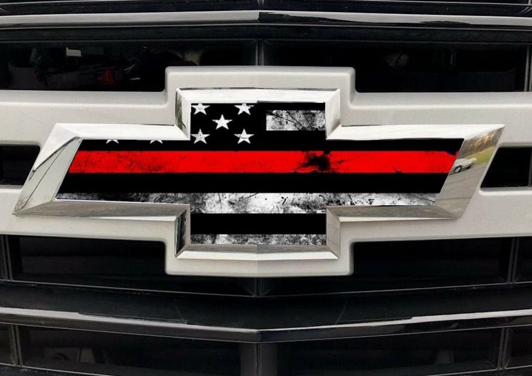 For Chevy Silverado tahoe Emblem Bowtie American Flag Thin RED Line Firefighter Overlay Decals Stickers Etsy