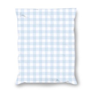 Blå vågiga gingham-plastreklamblad – 10x13 fraktpåsar – Förnödenheter för småföretag