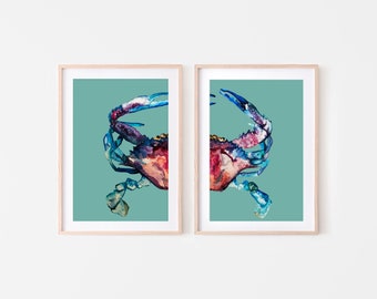 A4|A5|A3| set of two half a colourful crab hand illustrated illustration on a digitally edited background |wall art| gifts for her| art