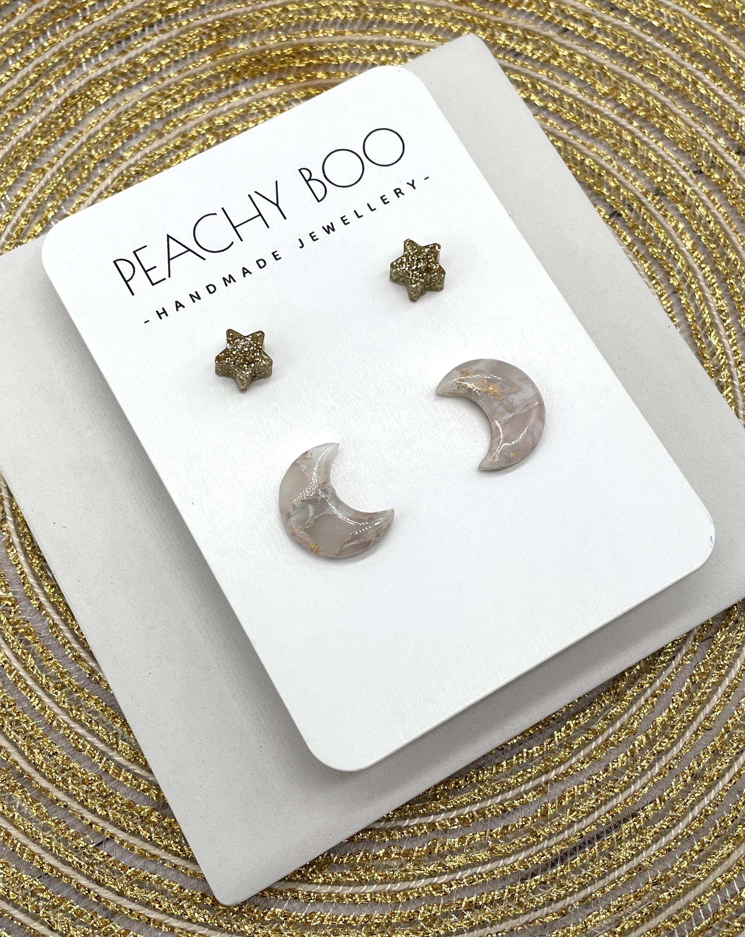 Stud Earring Pack | Polymer Clay and Resin Statement Earrings | Star Studs in Gold | Moon Studs in White and Gold | Handmade - Thumbnail 3