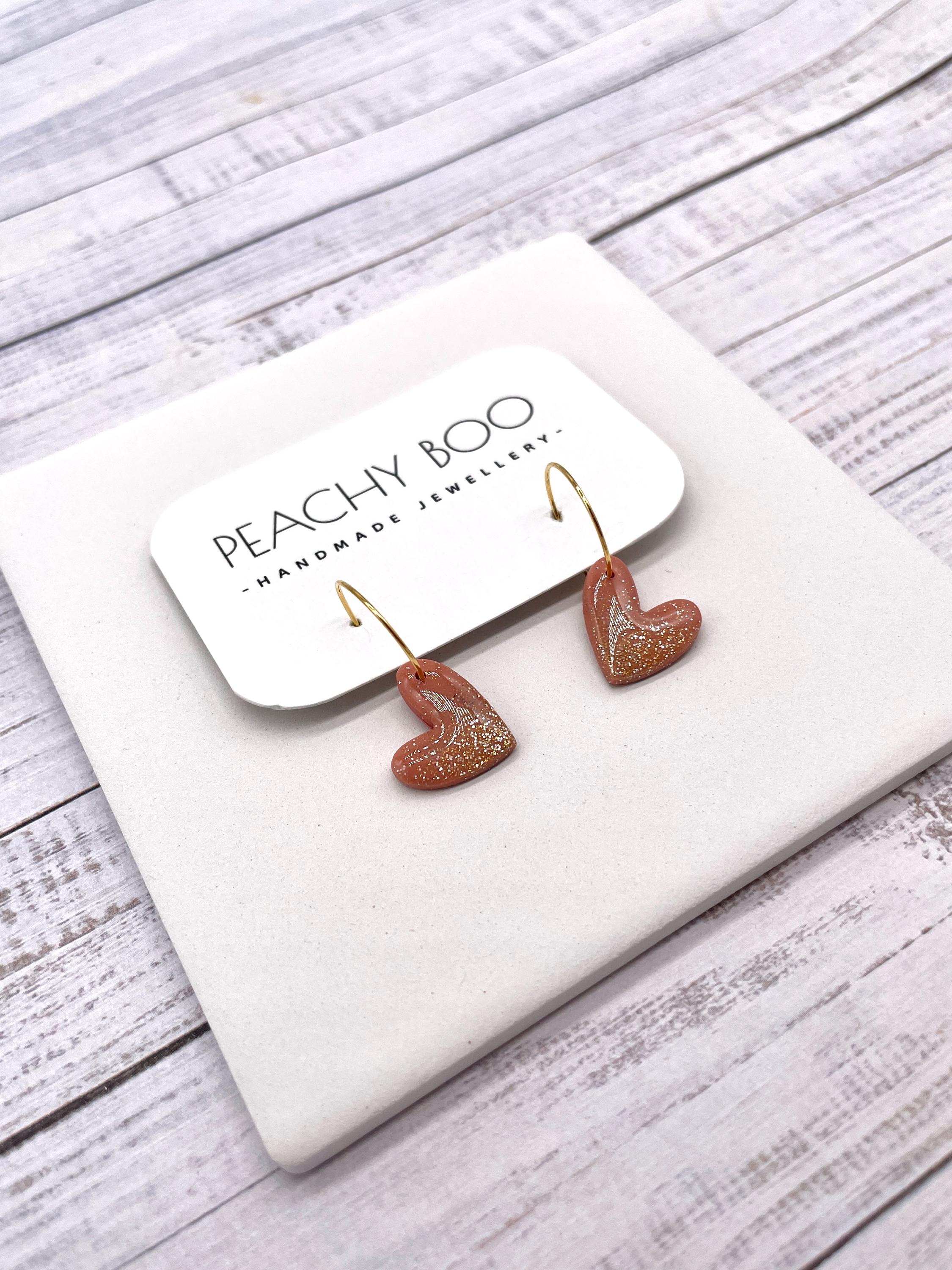 Heart Mini Hoops | Polymer Clay Statement Earrings | Pink and Gold Earrings | Handmade - Thumbnail 3