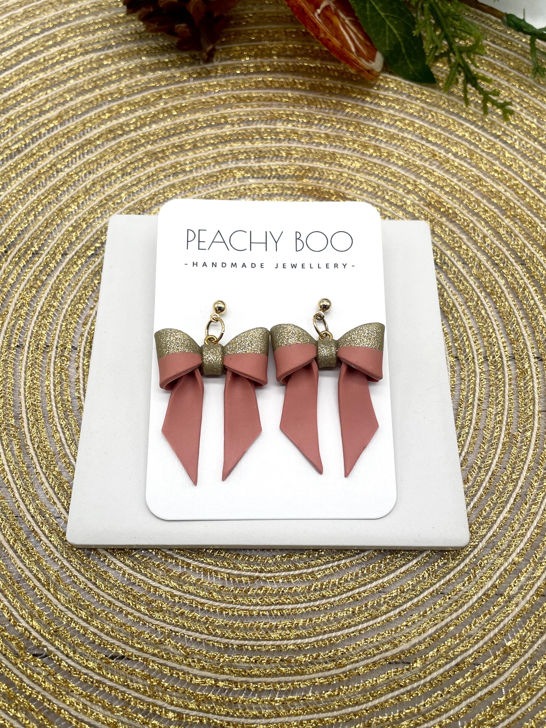 Bow Studs | Polymer Clay Statement Earrings | Pink and Gold Earrings | Handmade - Thumbnail 3