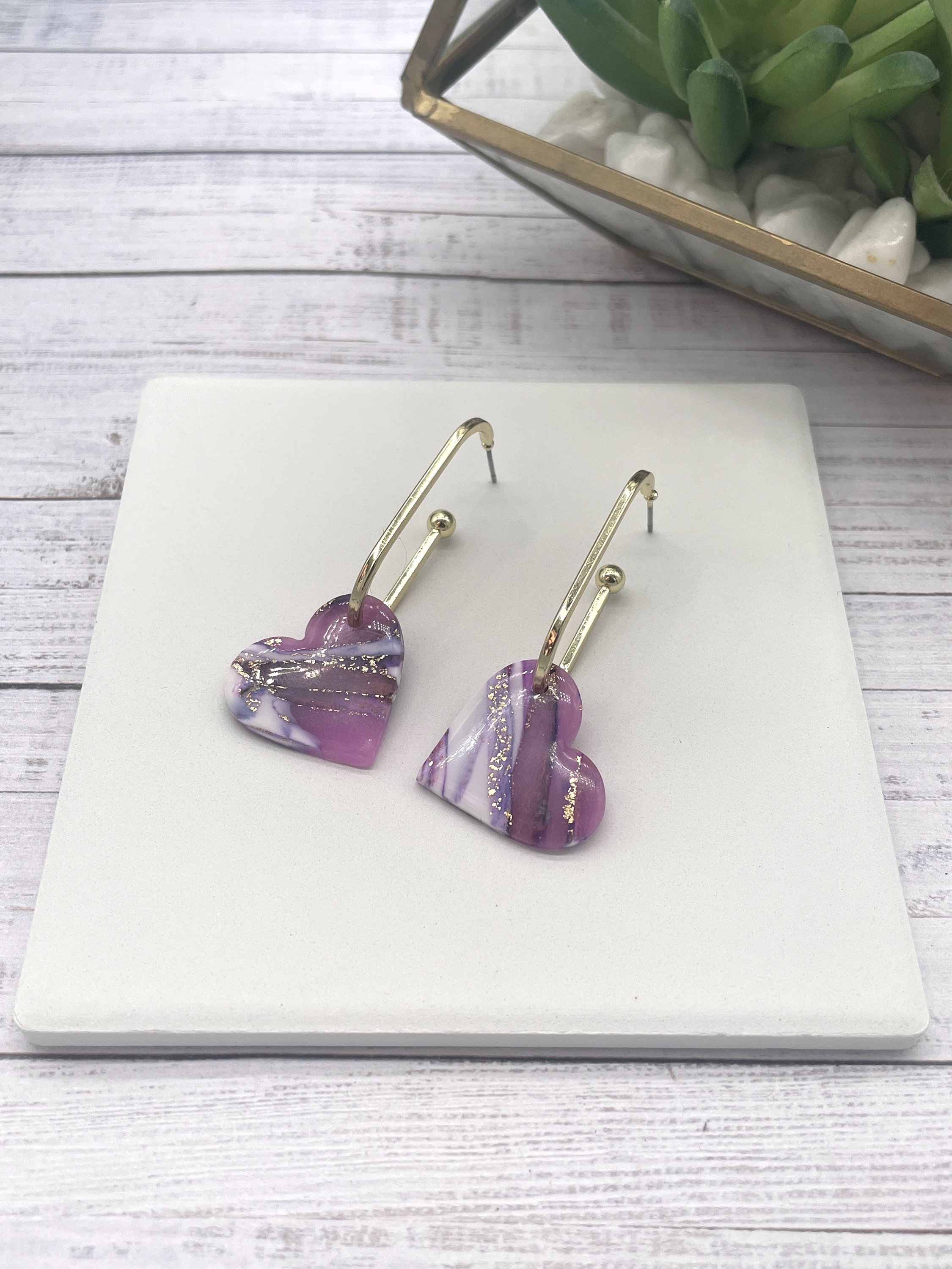 Handmade Polymer Clay Heart Dangle Earrings: Purple, White & Gold - Thumbnail 5