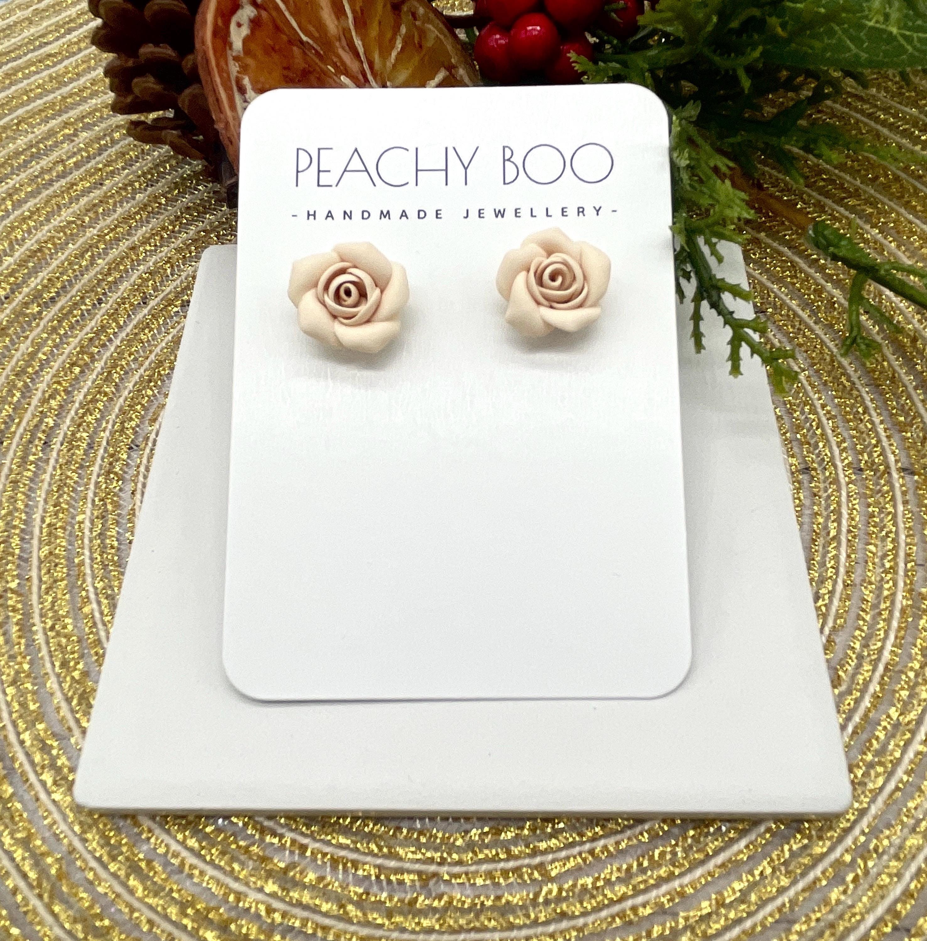 Rose Stud Earrings | Polymer Clay Statement Earrings | Cream Earrings | Handmade - Thumbnail 2