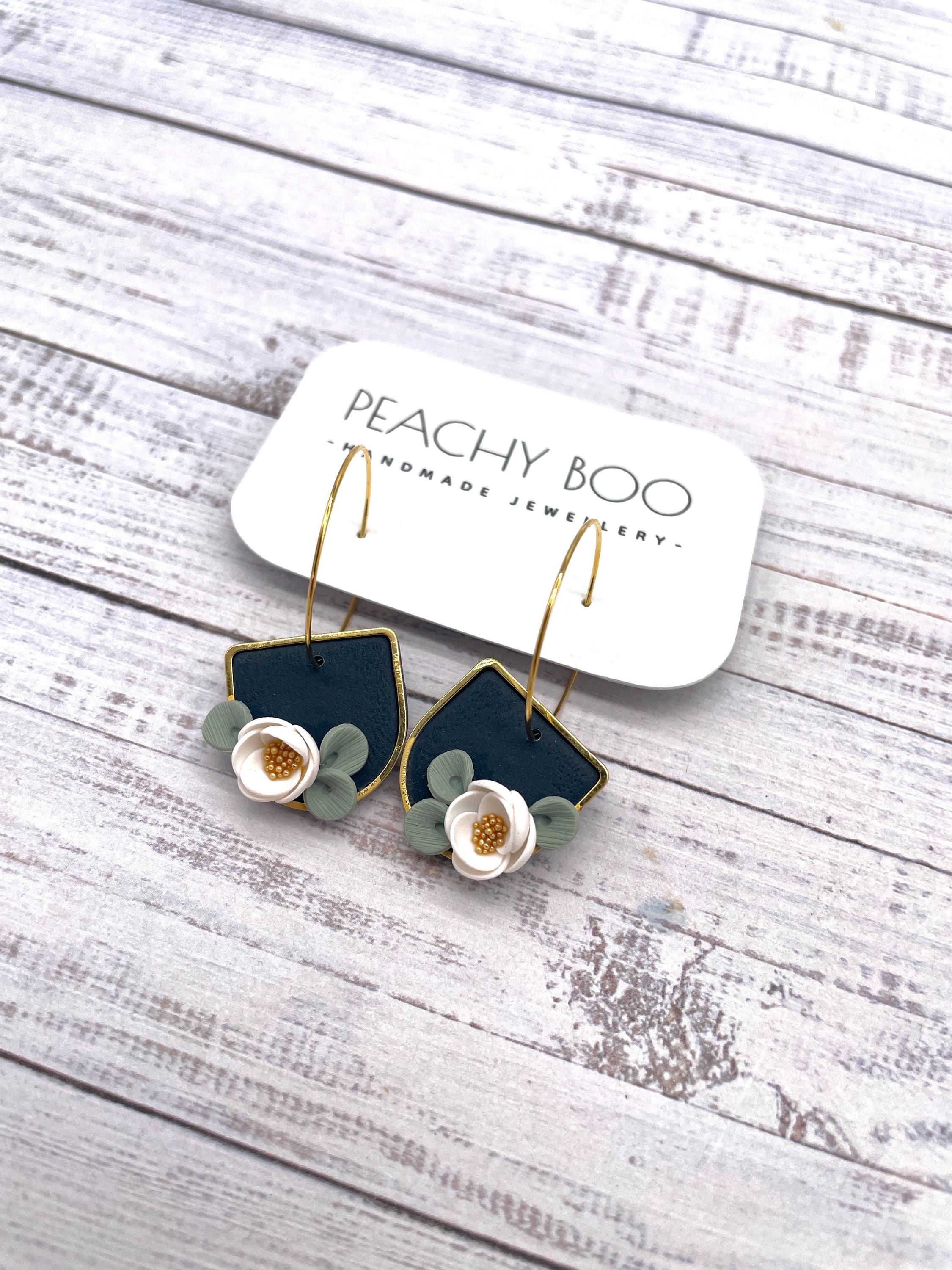 Handmade Floral Polymer Clay Earrings: Gold Plated Navy & White Hoops - Thumbnail 2