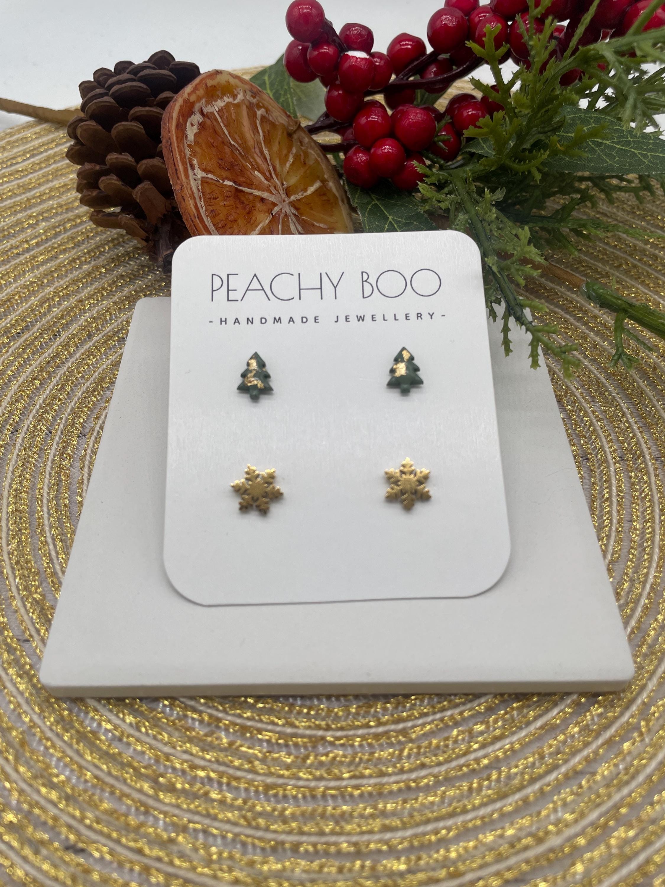 Christmas Stud Pack | Polymer Clay Statement Earrings | Christmas Tree Studs | Gold Snowflake Studs | Handmade - Thumbnail 2