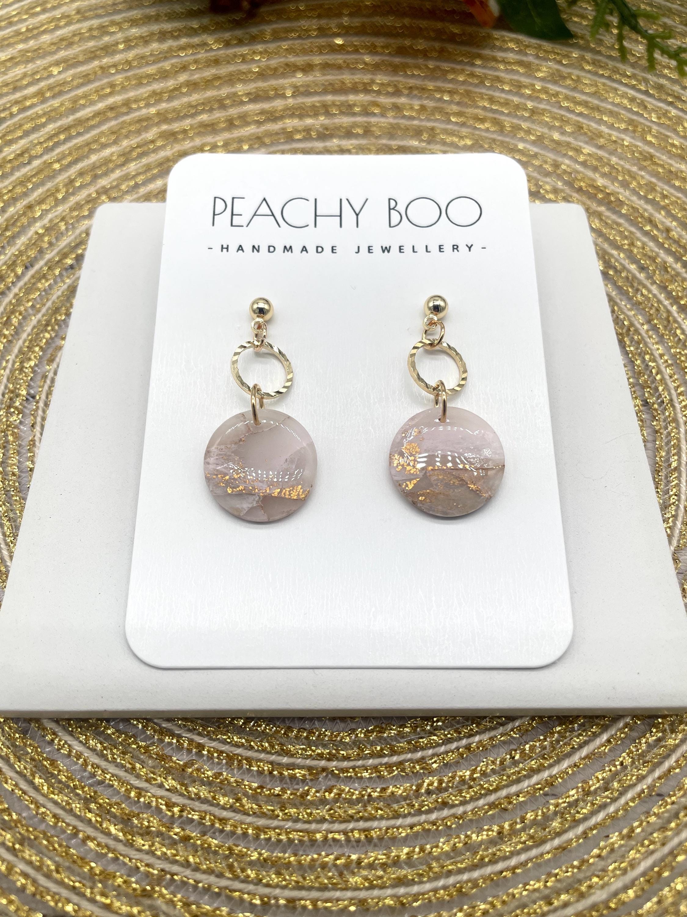 Polymer Clay Marble Earrings | Statement Earrings | Pale Pink and Gold Earrings | Handmade - Thumbnail 2