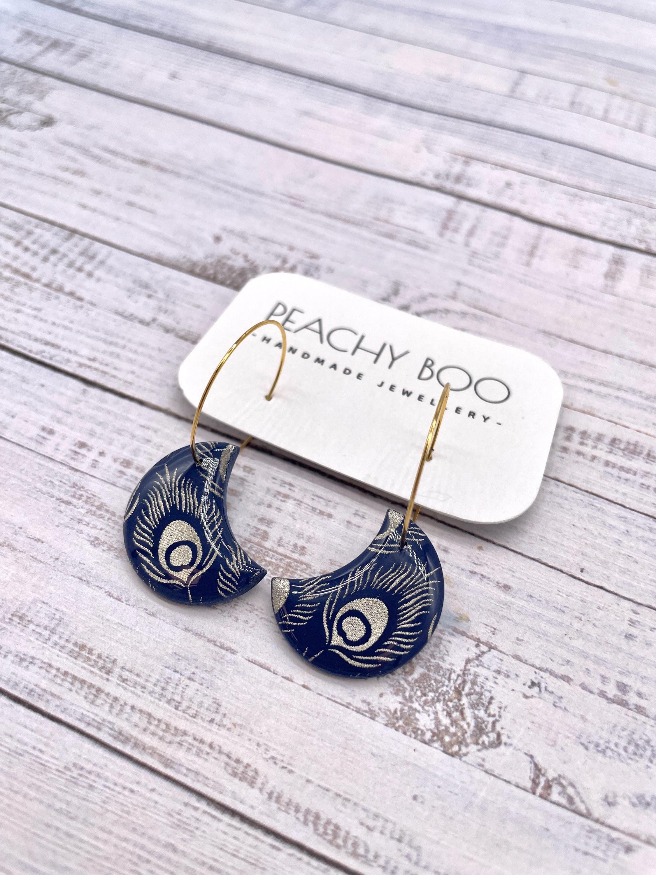Handmade Navy Blue Polymer Clay Hoop Earrings: Gold Peacock Moon Design - Thumbnail 3