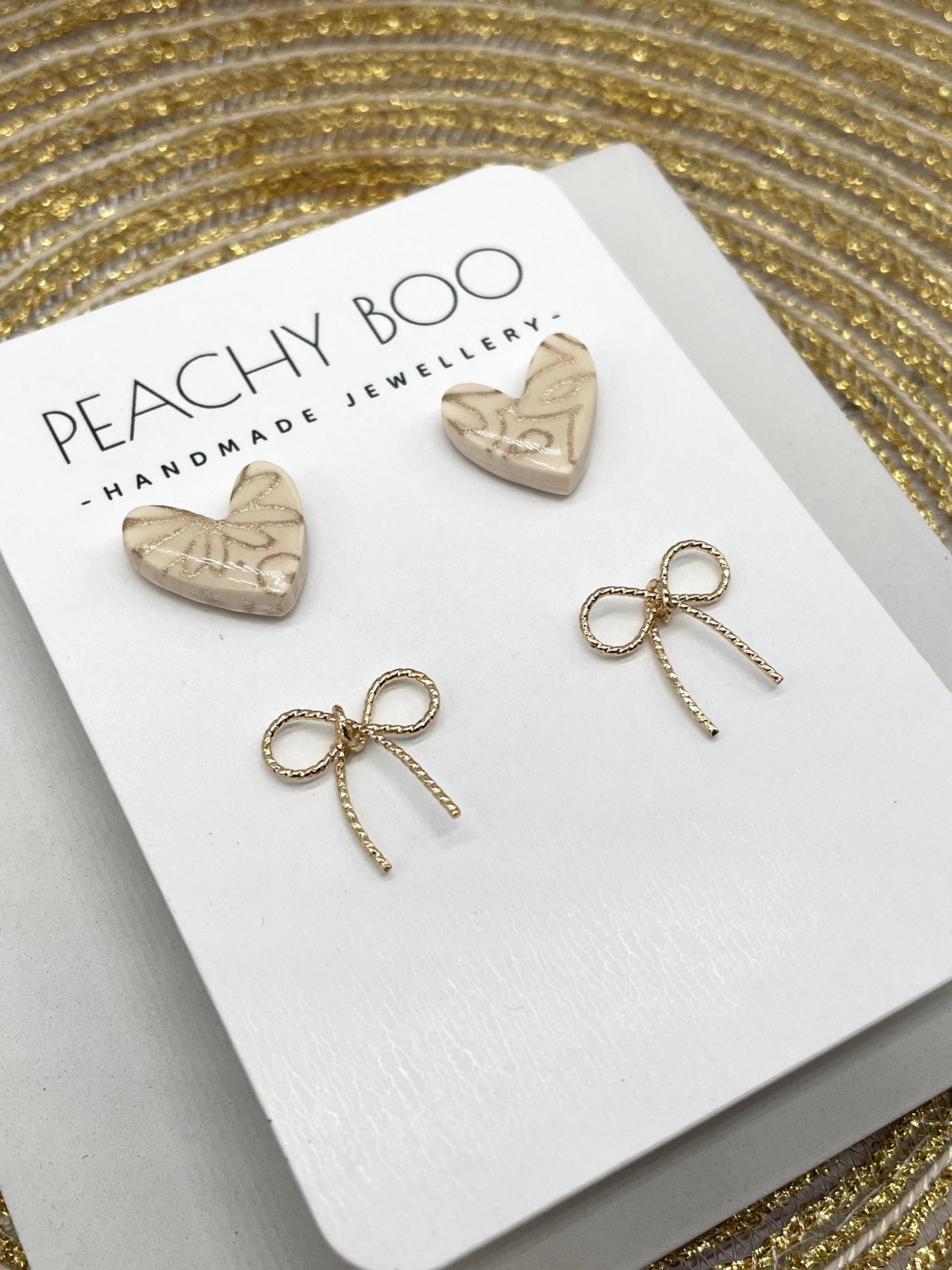 Stud Earring Pack | Polymer Clay Statement Earrings | Heart Studs | Gold Bow Studs | Handmade - Thumbnail 2