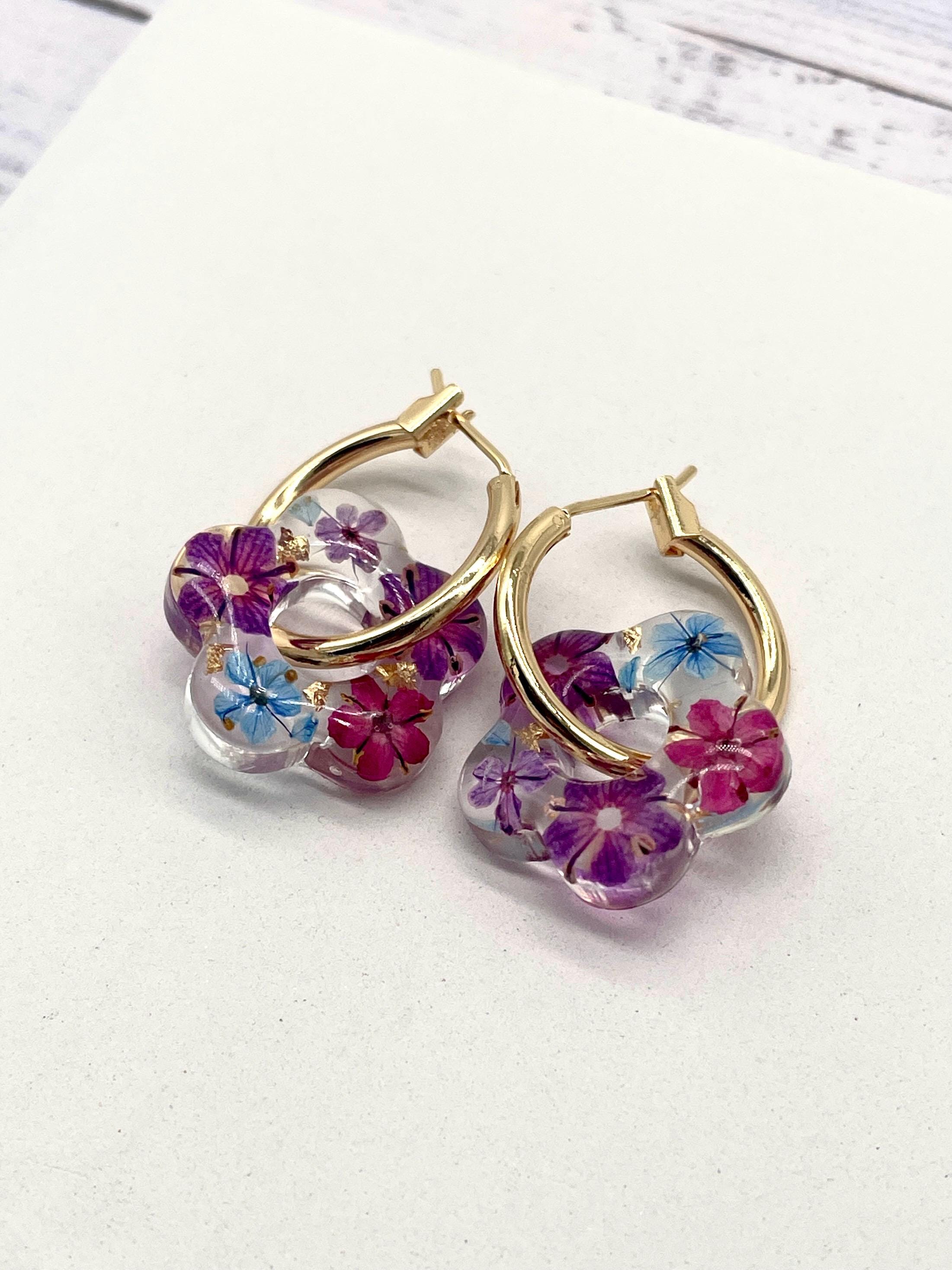 Real Dried Flower Resin Hoop Earrings: Purple, Pink & Blue