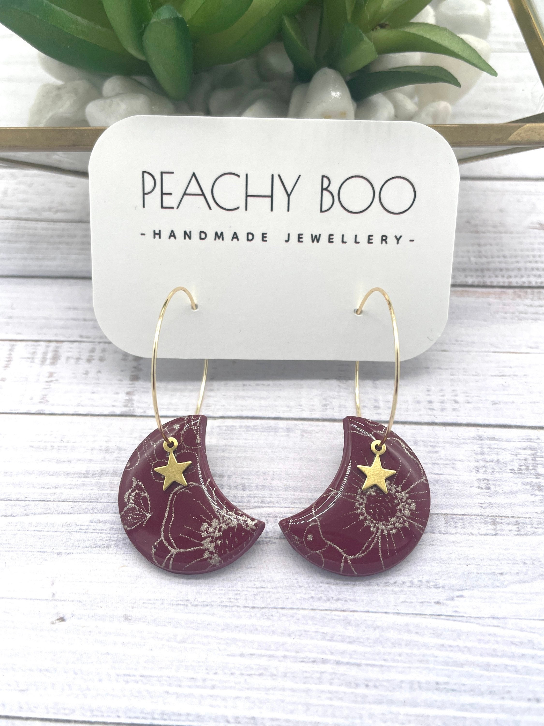 Handmade Moon and Star Hoop Earrings: Burgundy Polymer Clay Jewellery