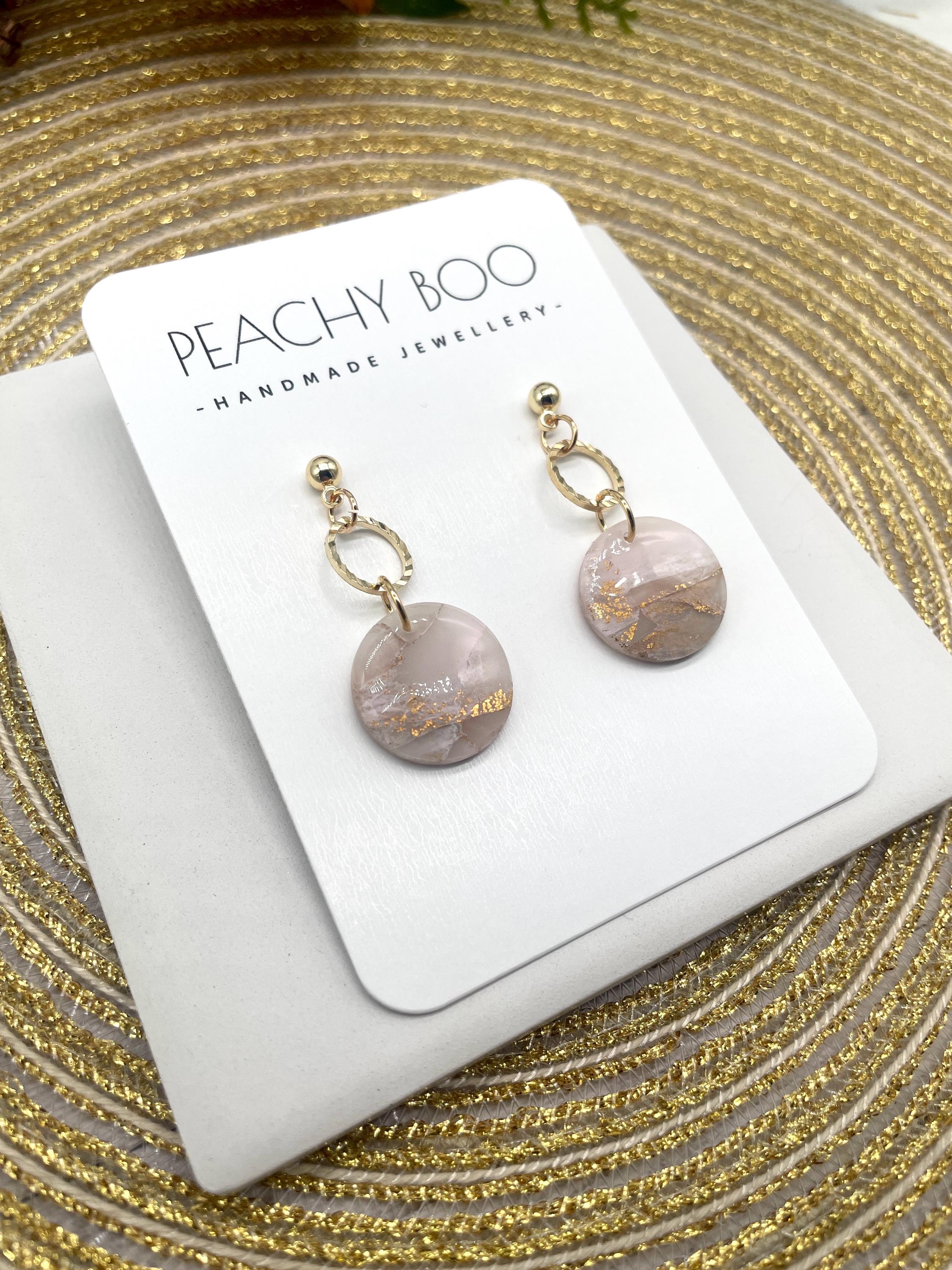 Polymer Clay Marble Earrings | Statement Earrings | Pale Pink and Gold Earrings | Handmade - Thumbnail 4