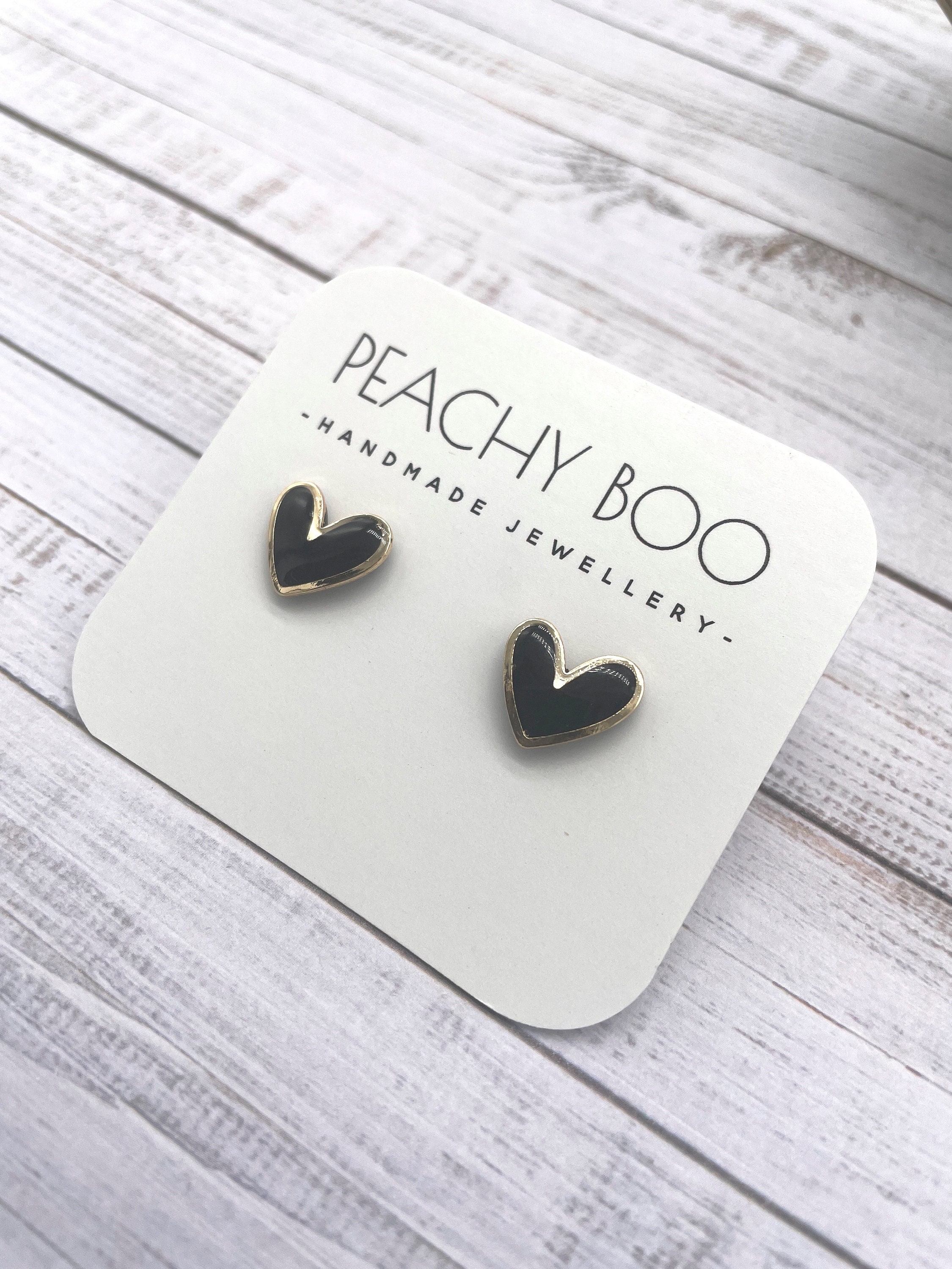 Heart Stud Earrings | Polymer Clay Statement Earrings | Black and Gold Earrings | Handmade
