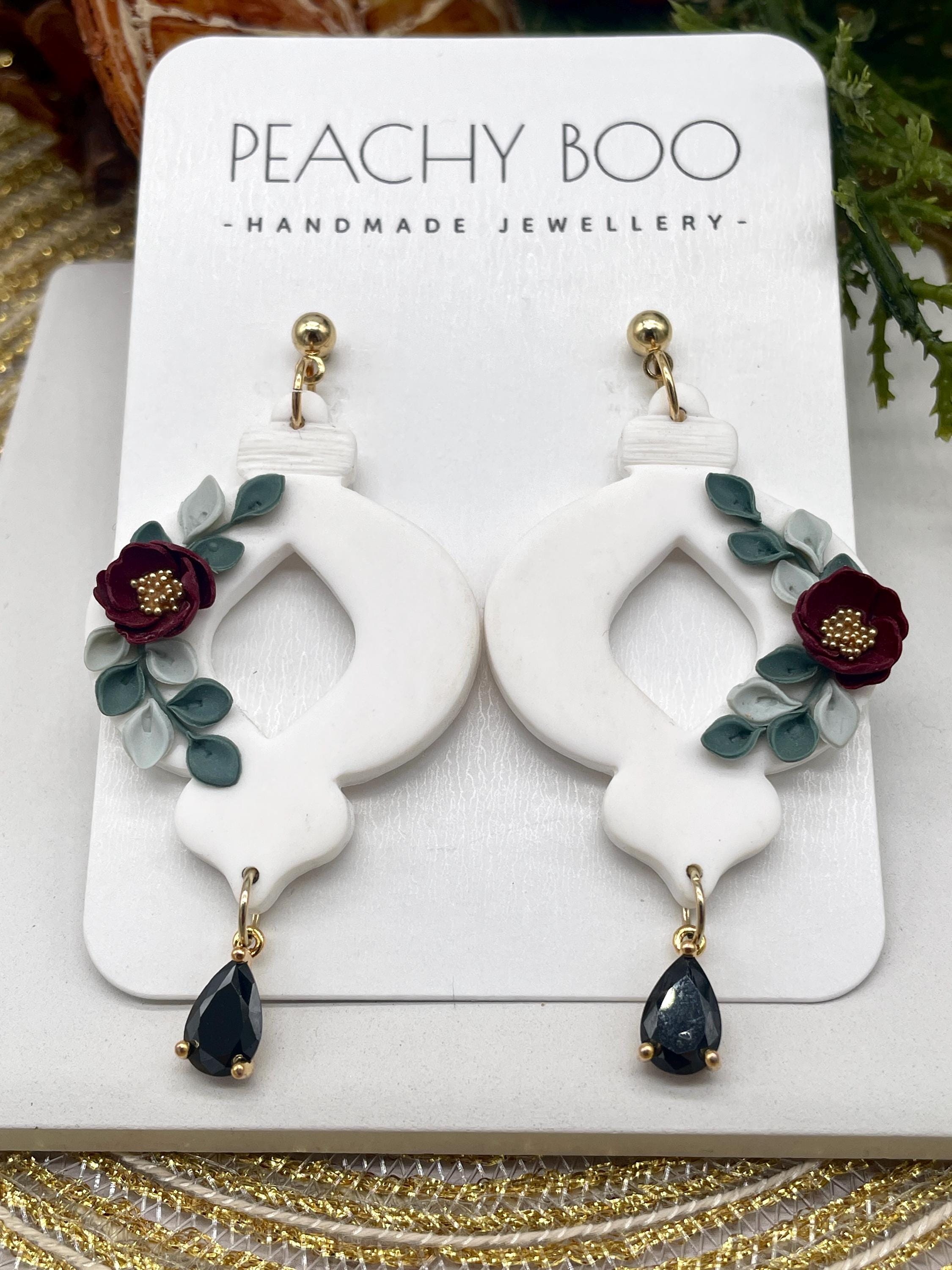 Bauble Polymer Clay Earrings| Statement Polymer Clay Earrings | White, Red and Gold Earrings | Handmade