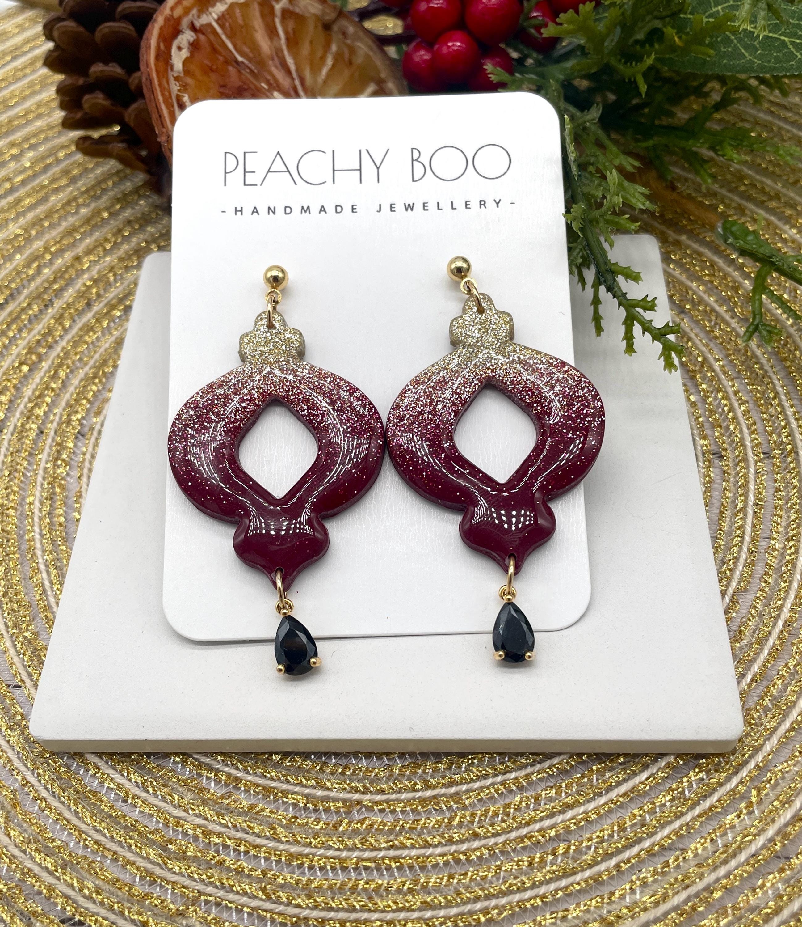 Bauble Polymer Clay Earrings| Statement Polymer Clay Earrings | Red, Gold and Black Earrings | Handmade - Thumbnail 3