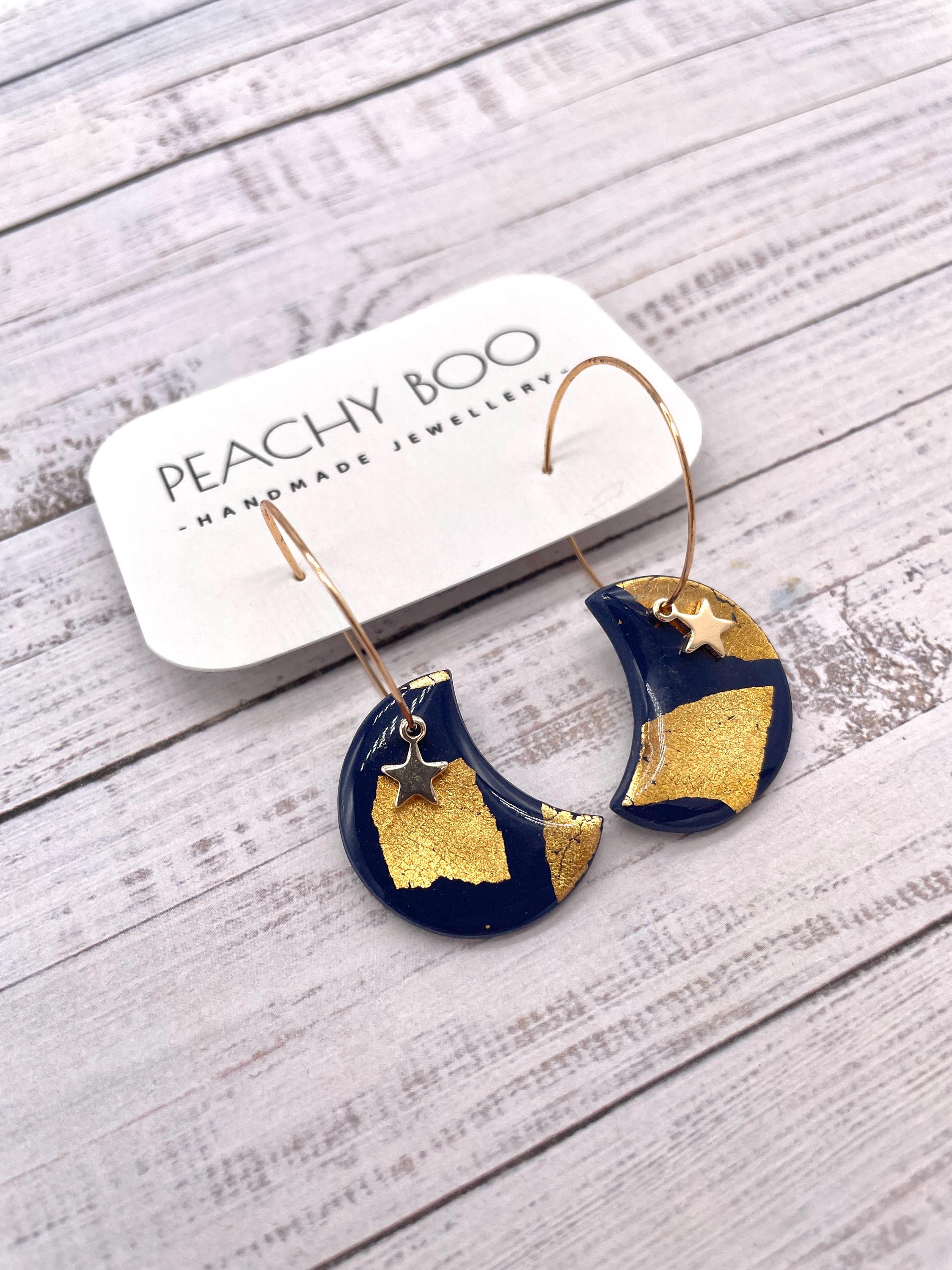 Hoop Earrings | Moon and Star Earrings | Polymer Clay Statement Earrings | Navy Blue and Gold Earrings |Handmade