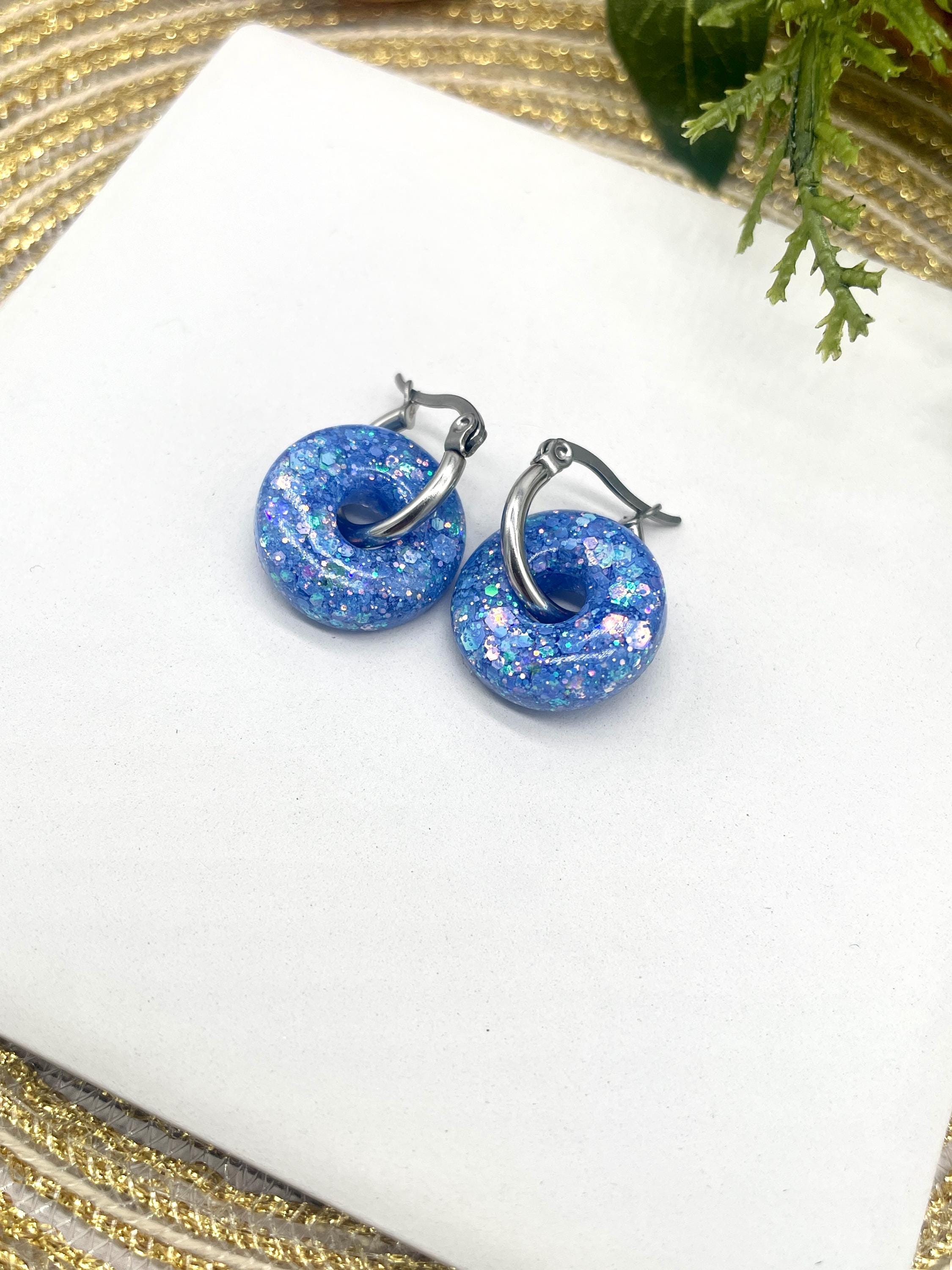 Resin Doughnut Hoops in Blue Glitter