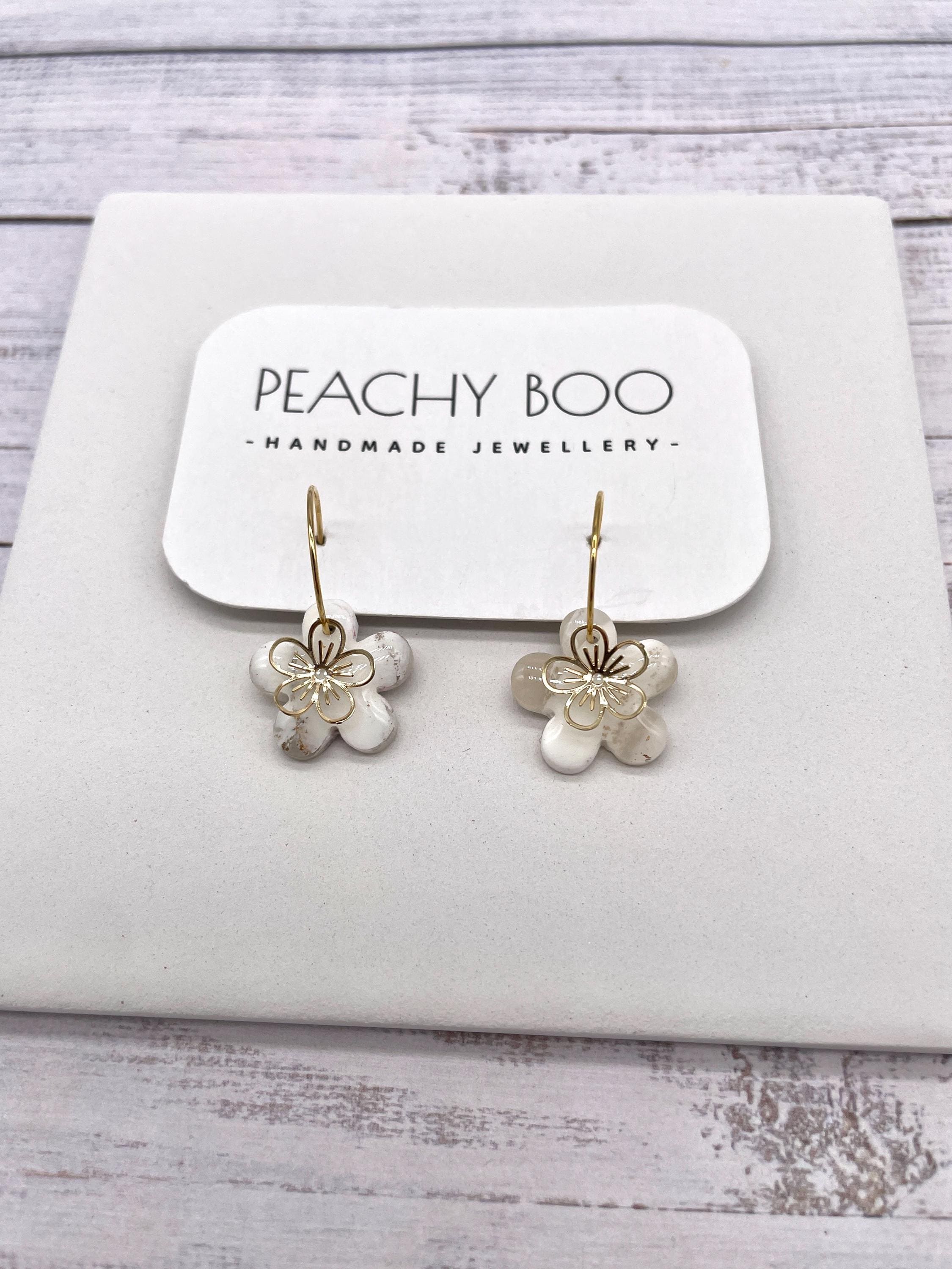 Flower Mini Hoops | Polymer Clay Statement Earrings | Cream, White and Gold Earrings | Handmade - Thumbnail 2