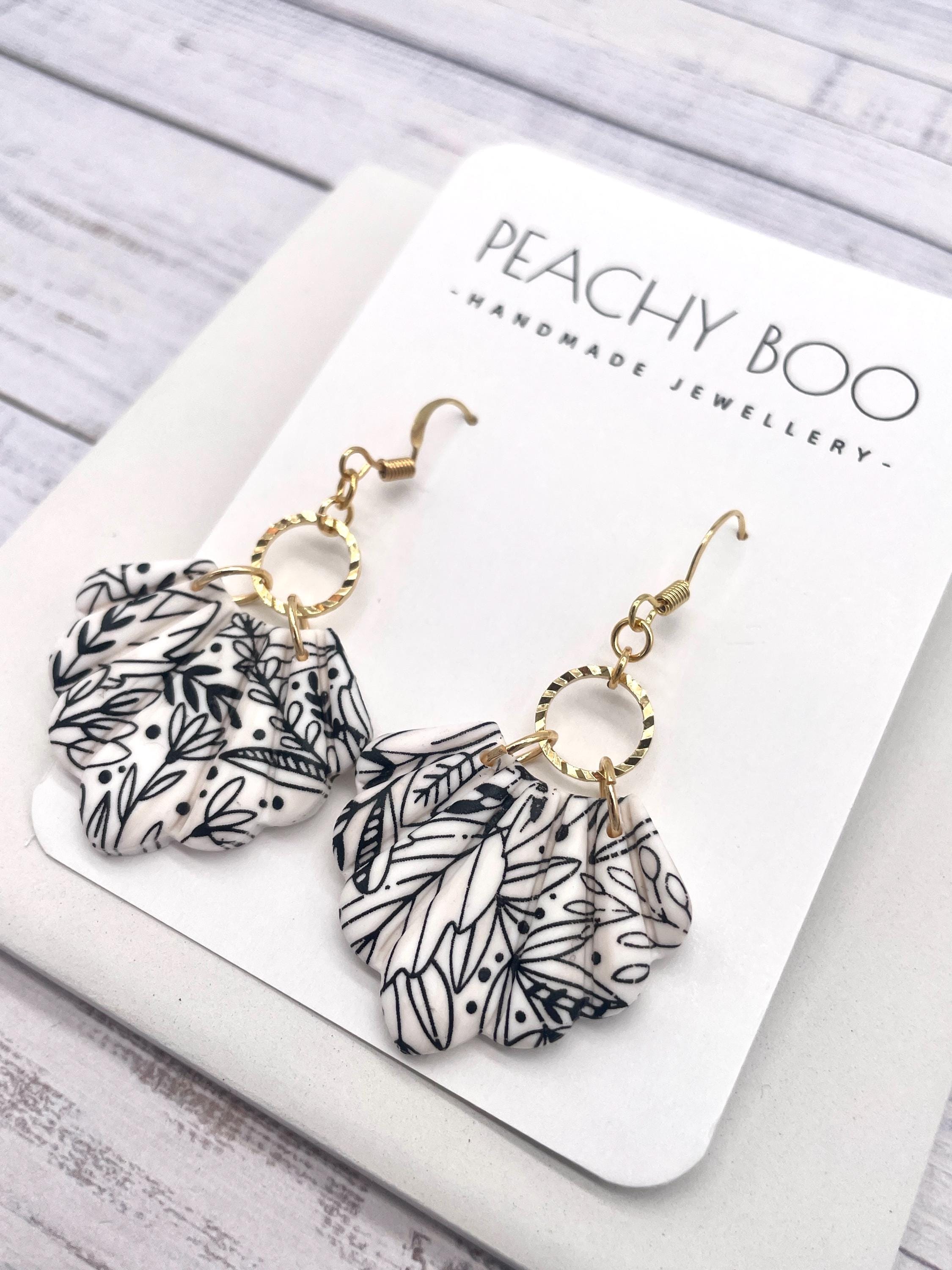 Floral Polymer Clay Earrings: Handmade Black, White & Gold Shells, Hypoallergenic